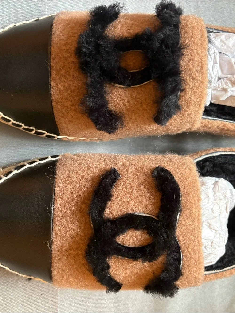 CHANEL NIB Brown Wool Slip-On Espadrille with Black Logo and Leather Toe